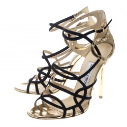 مملوكة مسبقًا Jimmy Choo Black and Gold Fabric Strappy Sandals Size 37.5