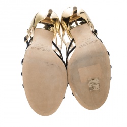 مملوكة مسبقًا Jimmy Choo Black and Gold Fabric Strappy Sandals Size 37.5