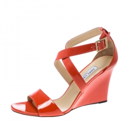 Pre Owned Jimmy Choo Coral Orange Patent Leather Fearne Criss Cross Strap Wedge Sandals Size 42
