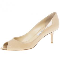 Pre Owned Jimmy Choo Nude Patent Isabel Peep Toe Pumps Size 37