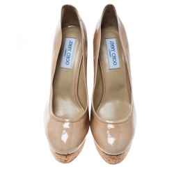 Pre Owned Jimmy Choo Beige Patent Leather Pacita Cork Wedge Pumps Size 41