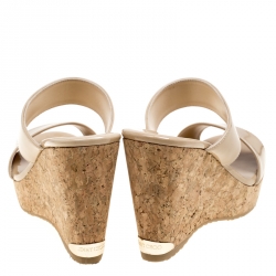 Pre Owned Jimmy Choo Beige Patent Leather Parker Cork Wedge Sandals Size 37