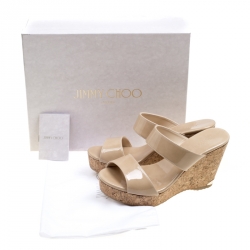 Pre Owned Jimmy Choo Beige Patent Leather Parker Cork Wedge Sandals Size 37