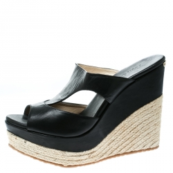 Pre Owned Jimmy Choo Black Cut Out Leather Pledge Espadrille Wedge Platform Sandals Size 42