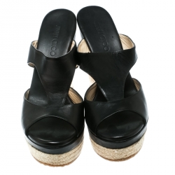 Pre Owned Jimmy Choo Black Cut Out Leather Pledge Espadrille Wedge Platform Sandals Size 42