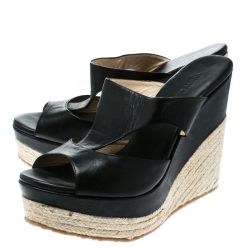 Pre Owned Jimmy Choo Black Cut Out Leather Pledge Espadrille Wedge Platform Sandals Size 42