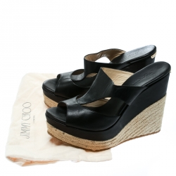 Pre Owned Jimmy Choo Black Cut Out Leather Pledge Espadrille Wedge Platform Sandals Size 42