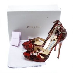 مملوكة مسبقًا صندل جيمي تشو كينزي مف بحزام كاحل جلد إلافيه بنقوش جلد ثعبان أحمر مقاس 39.5