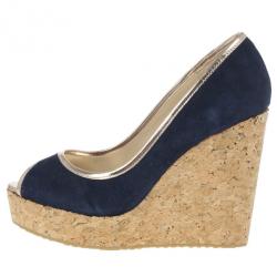 Pre Owned Jimmy Choo Blue & Gold Suede Peep Toe 'Papina' Cork Platform Wedges Size 39.5