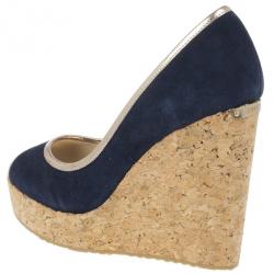 Pre Owned Jimmy Choo Blue & Gold Suede Peep Toe 'Papina' Cork Platform Wedges Size 39.5