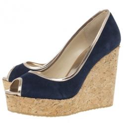 Pre Owned Jimmy Choo Blue & Gold Suede Peep Toe 'Papina' Cork Platform Wedges Size 39.5