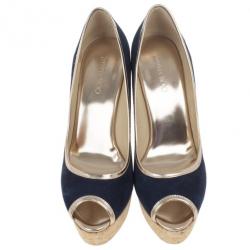 Pre Owned Jimmy Choo Blue & Gold Suede Peep Toe 'Papina' Cork Platform Wedges Size 39.5