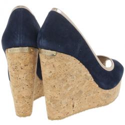 Pre Owned Jimmy Choo Blue & Gold Suede Peep Toe 'Papina' Cork Platform Wedges Size 39.5