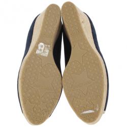 Pre Owned Jimmy Choo Blue & Gold Suede Peep Toe 'Papina' Cork Platform Wedges Size 39.5