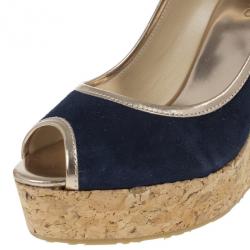 Pre Owned Jimmy Choo Blue & Gold Suede Peep Toe 'Papina' Cork Platform Wedges Size 39.5