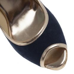 Pre Owned Jimmy Choo Blue & Gold Suede Peep Toe 'Papina' Cork Platform Wedges Size 39.5