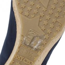 Pre Owned Jimmy Choo Blue & Gold Suede Peep Toe 'Papina' Cork Platform Wedges Size 39.5