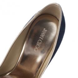 Pre Owned Jimmy Choo Blue & Gold Suede Peep Toe 'Papina' Cork Platform Wedges Size 39.5