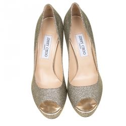 مملوكة مسبقًا Jimmy Choo Metallic Gold Lamè Glitter Fabric Dahlia Platform Peep Toe Pumps Size 40.5