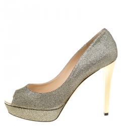 مملوكة مسبقًا Jimmy Choo Metallic Gold Lamè Glitter Fabric Dahlia Platform Peep Toe Pumps Size 40.5