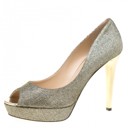 مملوكة مسبقًا Jimmy Choo Metallic Gold Lamè Glitter Fabric Dahlia Platform Peep Toe Pumps Size 40.5