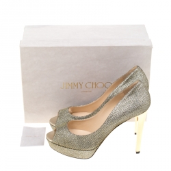 مملوكة مسبقًا Jimmy Choo Metallic Gold Lamè Glitter Fabric Dahlia Platform Peep Toe Pumps Size 40.5