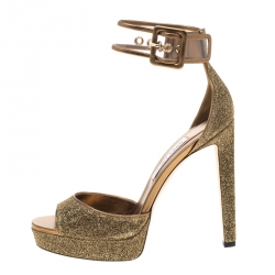 مملوكة مسبقًا Jimmy Choo Metallic Gold Lamè Fabric and PVC Mayner Peep Toe Ankle Cuff Sandals Size 41