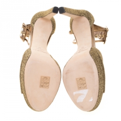 مملوكة مسبقًا Jimmy Choo Metallic Gold Lamè Fabric and PVC Mayner Peep Toe Ankle Cuff Sandals Size 41