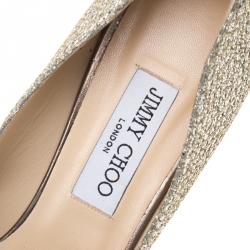 مملوكة مسبقًا حذاء كعب عالي جيمي تشو داليا قماش ذهبي براق نعل سميك مقدمة مفتوحة مقاس 40.5