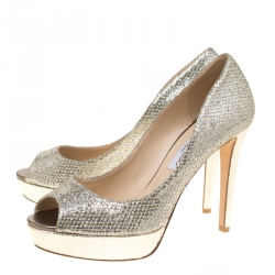 مملوكة مسبقًا حذاء كعب عالي جيمي تشو داليا قماش ذهبي براق نعل سميك مقدمة مفتوحة مقاس 40.5