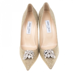 Pre Owned Jimmy Choo Metallic Gold Lamè Glitter Fabric Mamey Crystal Embellished Pointed Toe Pumps Size 41