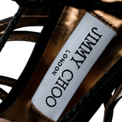 Pre Owned Jimmy Choo Metallic Gold Leather With Black Satin Diamond Block Heel Strappy Sandals Size 41