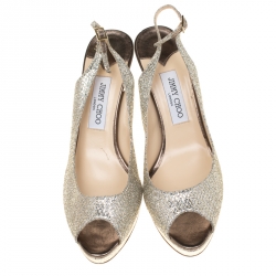 Pre Owned صندل جيمي تشو فتحة كعب نعل سميك مقدمة مفتوحة نوفا قماش غليتر لاميه ذهبي ميتالك مقاس 42