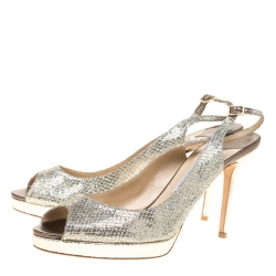 Pre Owned صندل جيمي تشو فتحة كعب نعل سميك مقدمة مفتوحة نوفا قماش غليتر لاميه ذهبي ميتالك مقاس 42