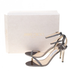 Pre Owned Jimmy Choo Metallic Dark Grey Lamè Fabric Minny Ankle Strap Open Toe Sandals Size 41