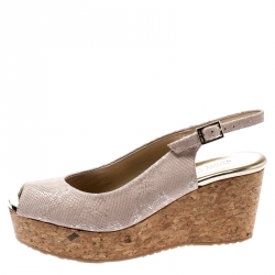 Pre Owned Jimmy Choo Beige Embossed Leather Praise Slingback Cork Wedge Sandals Size 37.5