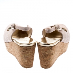 Pre Owned Jimmy Choo Beige Embossed Leather Praise Slingback Cork Wedge Sandals Size 37.5