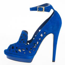 مملوكة مسبقًا Jimmy Choo Blue Suede Kalan Platform Ankle Strap Pumps Size 39.5