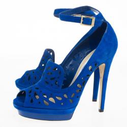 مملوكة مسبقًا Jimmy Choo Blue Suede Kalan Platform Ankle Strap Pumps Size 39.5