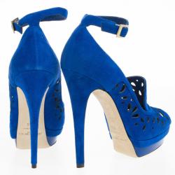 مملوكة مسبقًا Jimmy Choo Blue Suede Kalan Platform Ankle Strap Pumps Size 39.5