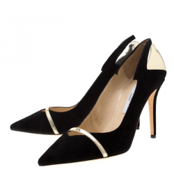 Pre Owned Jimmy Choo Black Suede And Metallic Gold Leather Cut Out Detail Pointed Toe Pumps Size 39