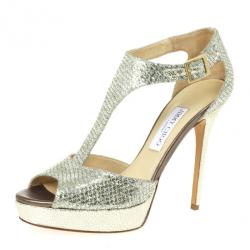 Pre Owned Jimmy Choo Glitter Totem T Strap Sandals Size 40