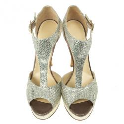 Pre Owned Jimmy Choo Glitter Totem T Strap Sandals Size 40