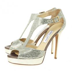 Pre Owned Jimmy Choo Glitter Totem T Strap Sandals Size 40