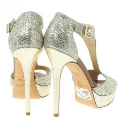 Pre Owned Jimmy Choo Glitter Totem T Strap Sandals Size 40