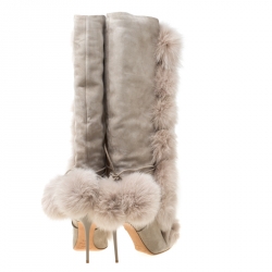 مملوكة مسبقًا حذاء بوت ركبه جيمي تشو ديتا 110 سويدي و فرو ثعلب بيج مقاس 36.5