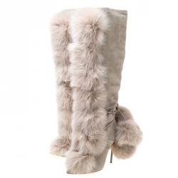 مملوكة مسبقًا حذاء بوت ركبه جيمي تشو ديتا 110 سويدي و فرو ثعلب بيج مقاس 36.5
