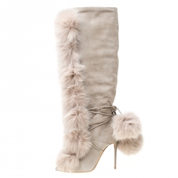 مملوكة مسبقًا حذاء بوت ركبه جيمي تشو ديتا 110 سويدي و فرو ثعلب بيج مقاس 36.5