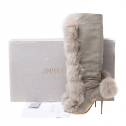 مملوكة مسبقًا حذاء بوت ركبه جيمي تشو ديتا 110 سويدي و فرو ثعلب بيج مقاس 36.5