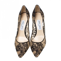 Pre Owned Jimmy Choo Black Lace and Patent Leather Abel Pointed Toe Pumps Size 40